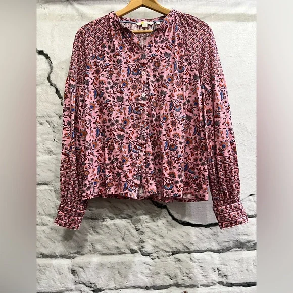 Boden Floral Printed Pink Jersey Blouse Long Ballon Sleeve Boho Button Up Top - Picture 4 of 9